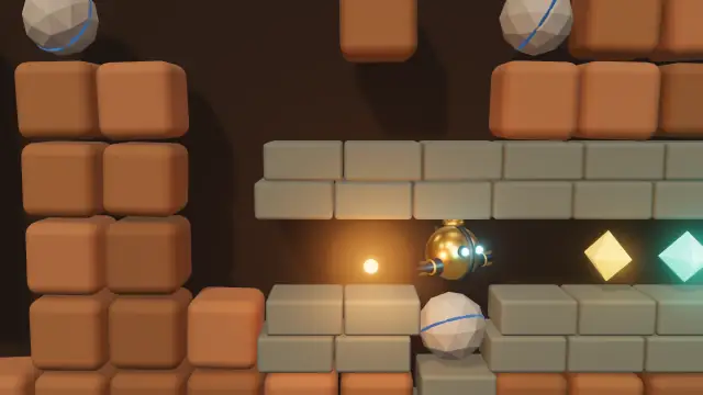 Pinion, a round brass digger with glowing cyan eyes, under a brick ledge by an amber lamp, with gold and cyan Aether Shards