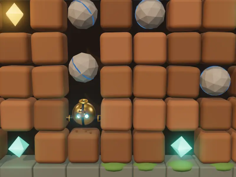 A stone falling toward Pinion as he steps back into a narrow shaft