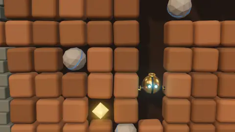 Pinion in a fresh tunnel between dirt blocks, a gold Aether Shard and loose stones nearby